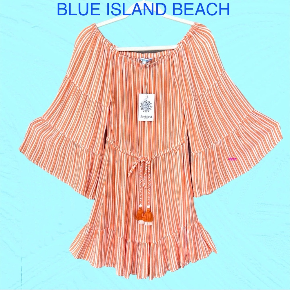BLUE ISLAND BEACH cover up orange white stripes bell sleeves off shoulder